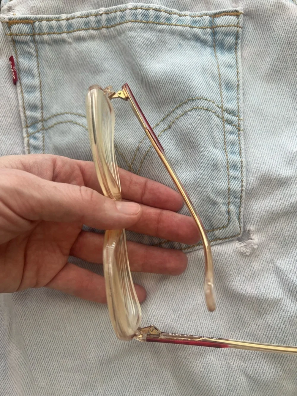 Vintage 80s big Clear & Gold Eyeglasses with Red Accents